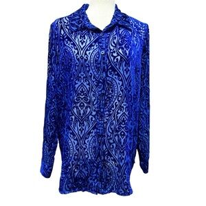 Covington Velvet Burnout Damask Royal Blue Button Down Top Size L Office Sheer
